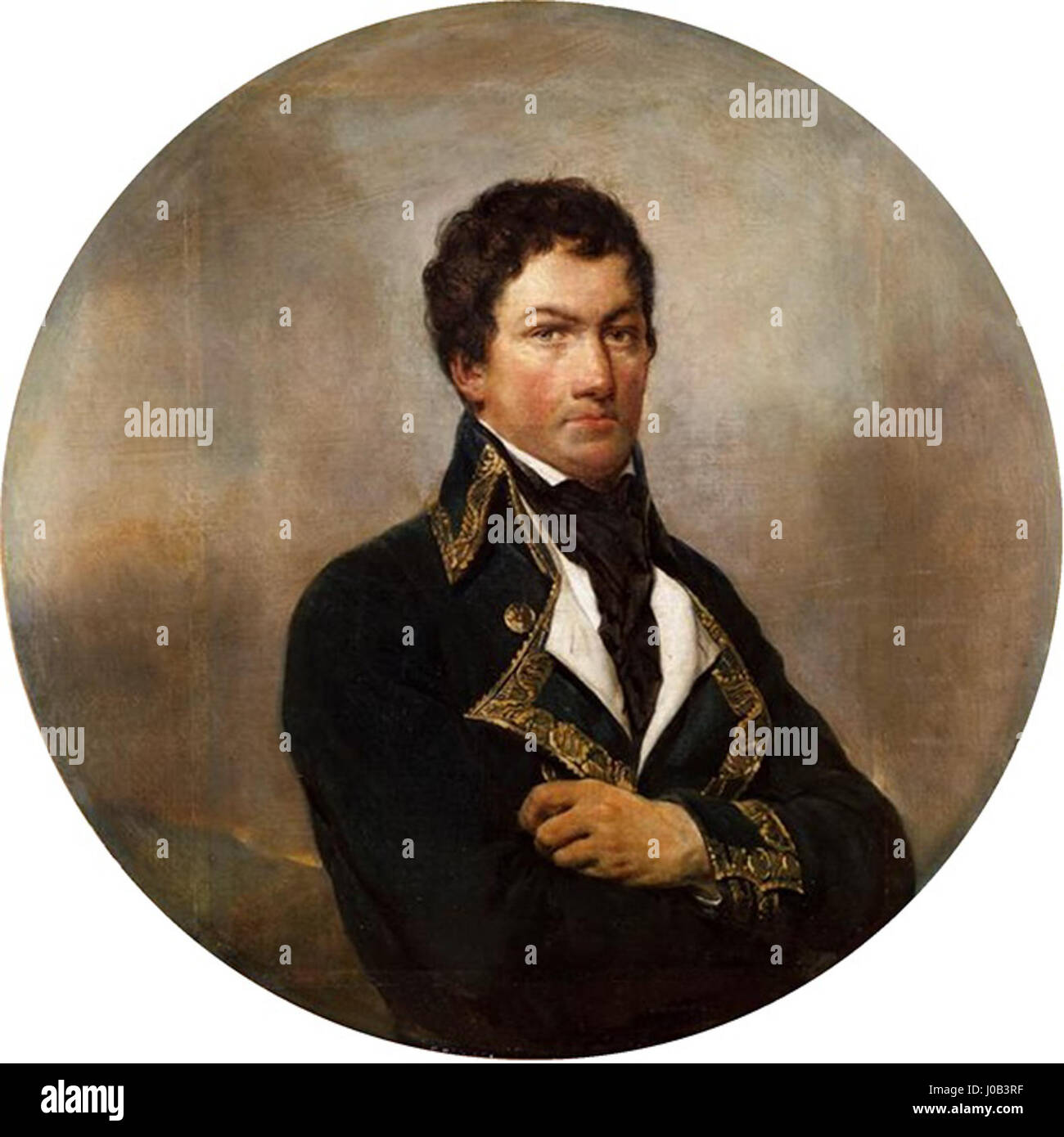 Dieses Porträt zeigt Francois Miranda, einen General der Division in der französischen Armee während der Französischen Unabhängigkeitskriege, bekannt für seine Rolle in der Armee des Nordens im Jahr 1792. 1756 geboren, wurde Miranda später zu einer prominenten Militärfigur und war an revolutionären Kampagnen in ganz Europa beteiligt. Stockfoto