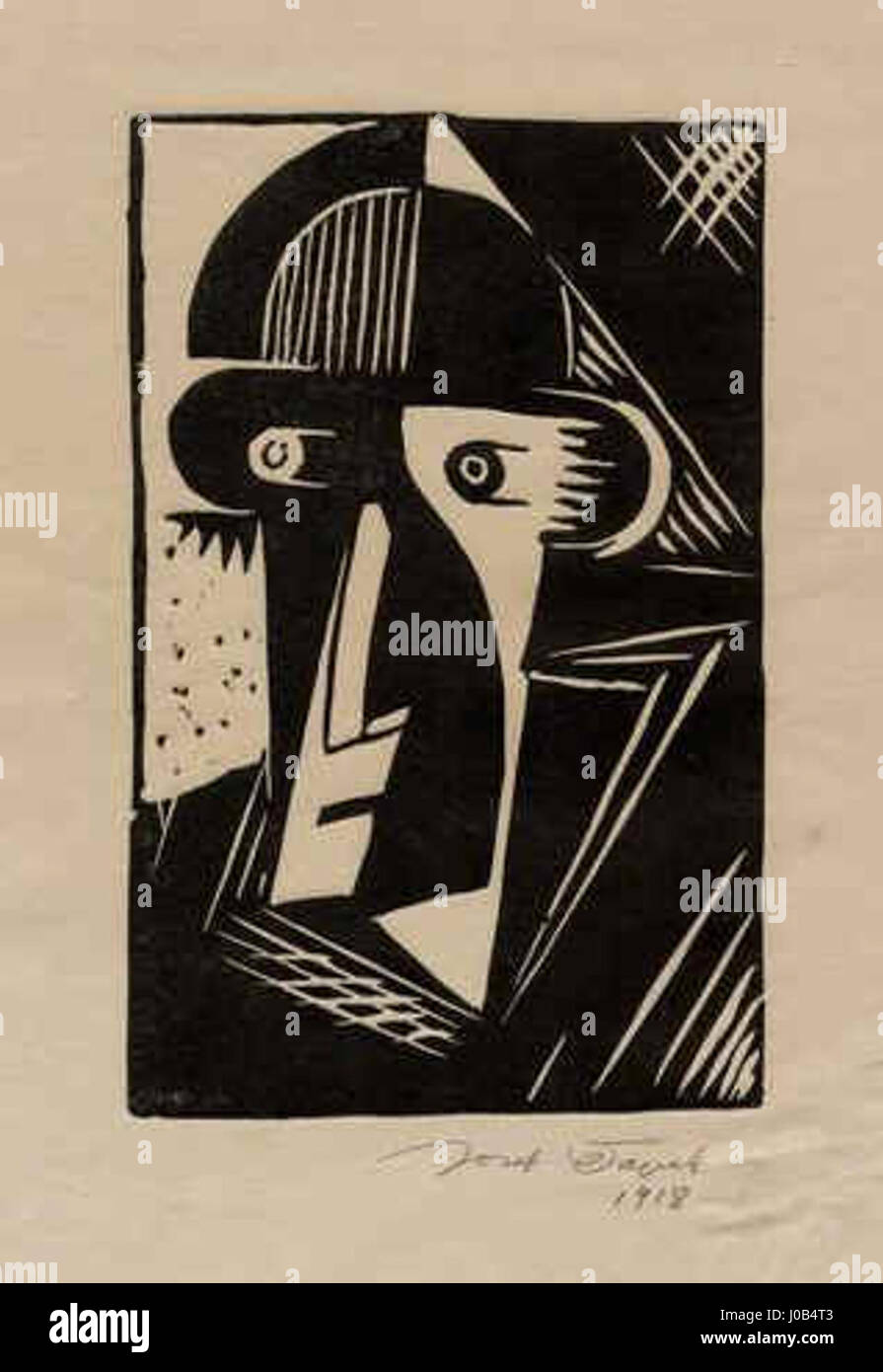 Josef Capeks „Muž z biografu“ (Mann aus dem Kino) (1918) spiegelt die surrealistische Kunstbewegung wider und verbindet filmische Elemente mit abstrakten menschlichen Figuren. Capeks Werk verbindet die Bereiche moderner Kunst und Expressionismus und zeigt seinen unverwechselbaren Ansatz zur figurativen Abstraktion. Stockfoto