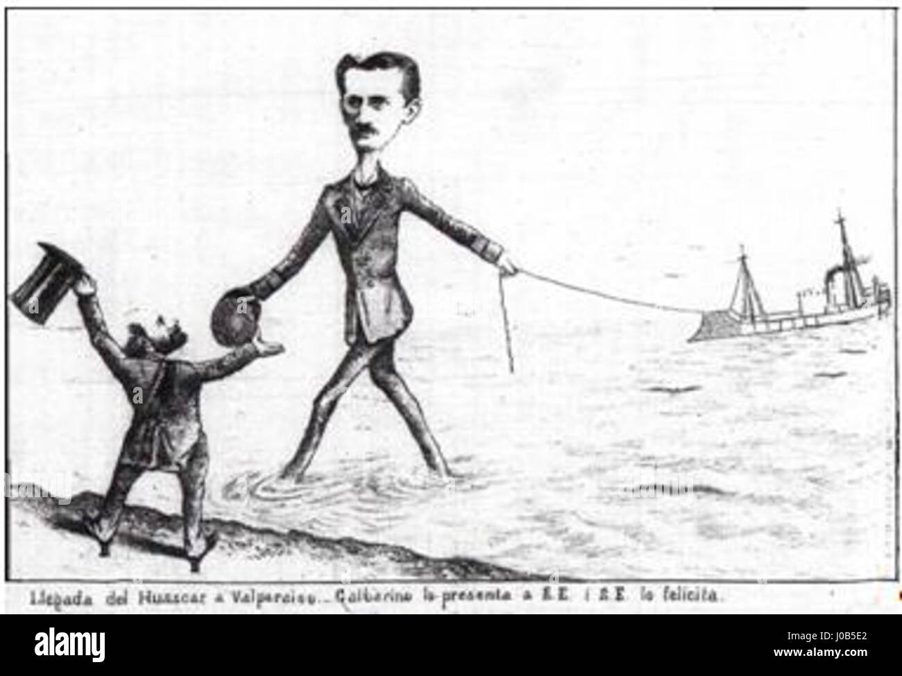 Diese Karikatur aus dem Jahr 1860 zeigt Ereignisse, die zum Pazifikkrieg (1879–1884) führten. Es nutzt Humor und Übertreibung, um die politischen Spannungen und Konflikte zwischen südamerikanischen Nationen während dieser Zeit hervorzuheben. Stockfoto