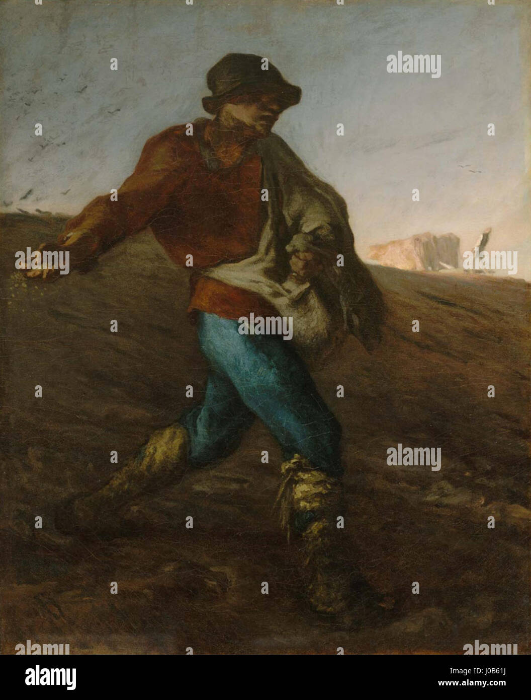 Jean-Francois Millets Werk fängt das ländliche Leben der Bauern im Frankreich des 19. Jahrhunderts ein. Millets Gemälde, die für seine realistischen Darstellungen der Arbeit bekannt sind, porträtierten oft Bauern, Arbeiter und ihre Beziehung zum Land, wie in seiner ikonischen Serie von ländlichen Szenen zu sehen ist. Stockfoto