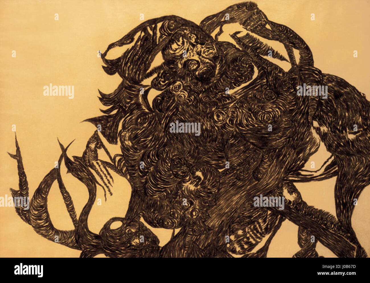 „Polip“ (Octopus) von Vajda Lajos, gemalt um 1940, ist ein expressionistisches Stück, das komplexe, surreale Themen der Zeit reflektiert und möglicherweise auf die psychologischen und gesellschaftlichen Spannungen der Vorkriegszeit anspielt. Stockfoto