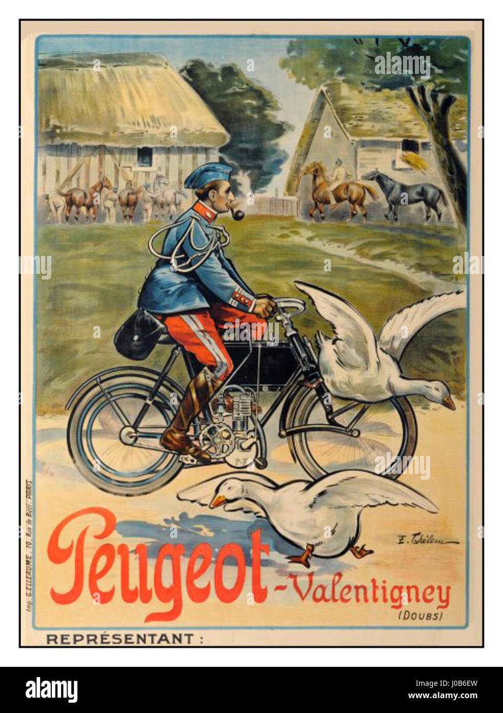 Die „Thélem - Cycles Peugeot“ ist eine historische Werbung mit Peugeot-Fahrrädern, die den Fokus der Marke auf handwerkliches Können und Innovation im Radsport unterstreicht. Stockfoto