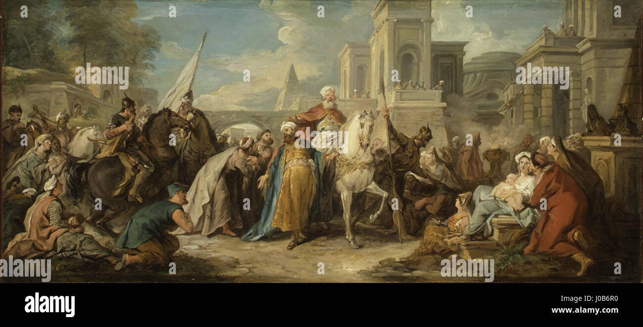 Ein Kunstwerk von Jean-Francois de Troy, das den Triumph von Mordechai darstellt und eine Szene aus dem Buch Esther illustriert. Stockfoto