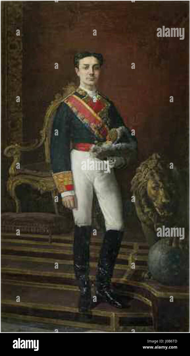 Das Porträt von König Alfonso XII. Von Spanien, das in der Universidad de Salamanca untergebracht ist, spiegelt die königliche würde und historische Bedeutung der spanischen Monarchie im 19. Jahrhundert wider. Stockfoto