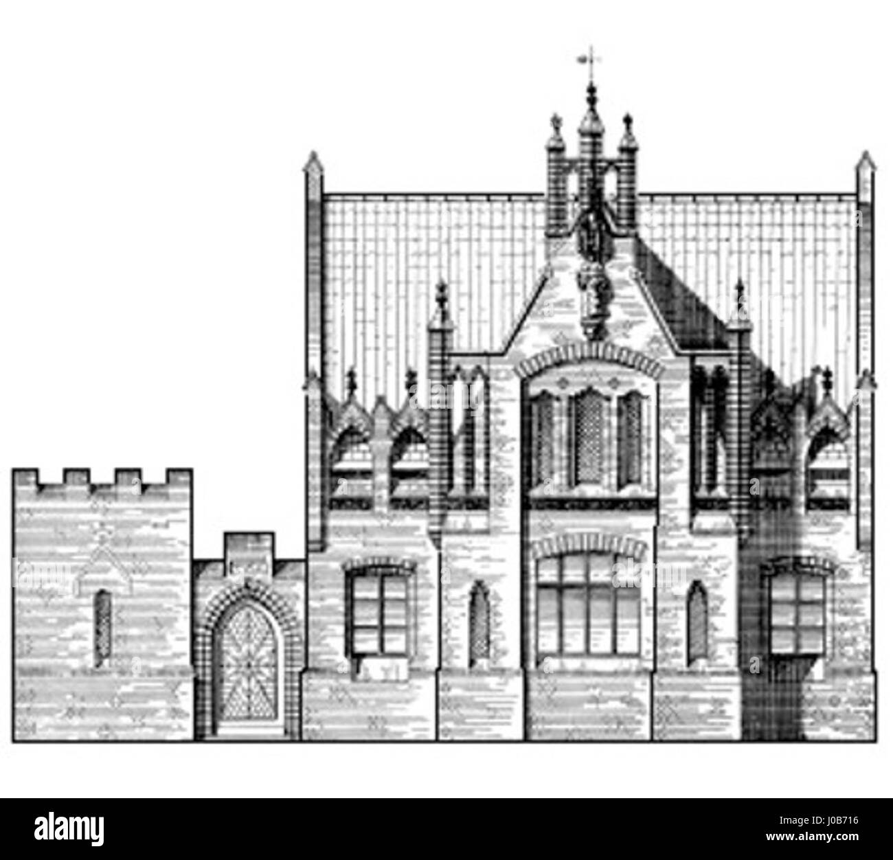 *Hasenburgs Stragenfront* von *Conrad Wilhelm Hase* ist eine detaillierte architektonische Zeichnung, die eine Straßenfront darstellt. Hase war bekannt für seine präzise und systematische Herangehensweise an die Architektur, und diese Arbeit spiegelt seine Fähigkeit wider, die städtische Landschaft zu erfassen. Stockfoto
