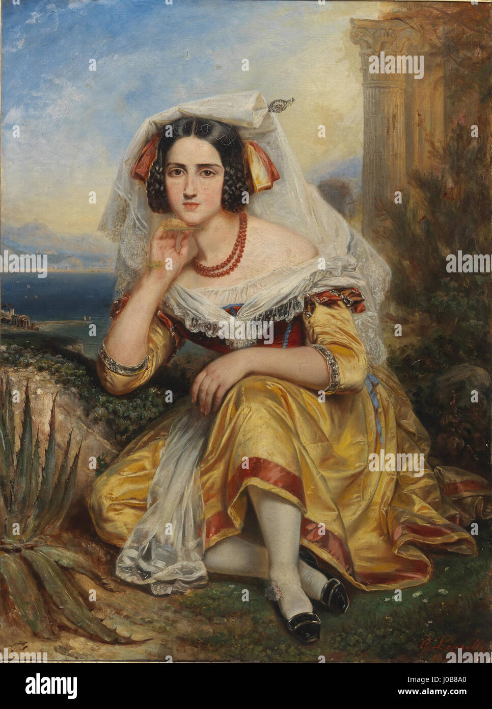 Ein Porträt von Francois-Gabriel Lépaule mit dem Titel Mädchen aus Frascati, gemalt 1839. Das Kunstwerk fängt die Jugendliche Anmut des Motivs ein und hebt Lépaules raffiniertes Pinselwerk und die Liebe zum Detail hervor, typisch für die französische Romantik. Stockfoto