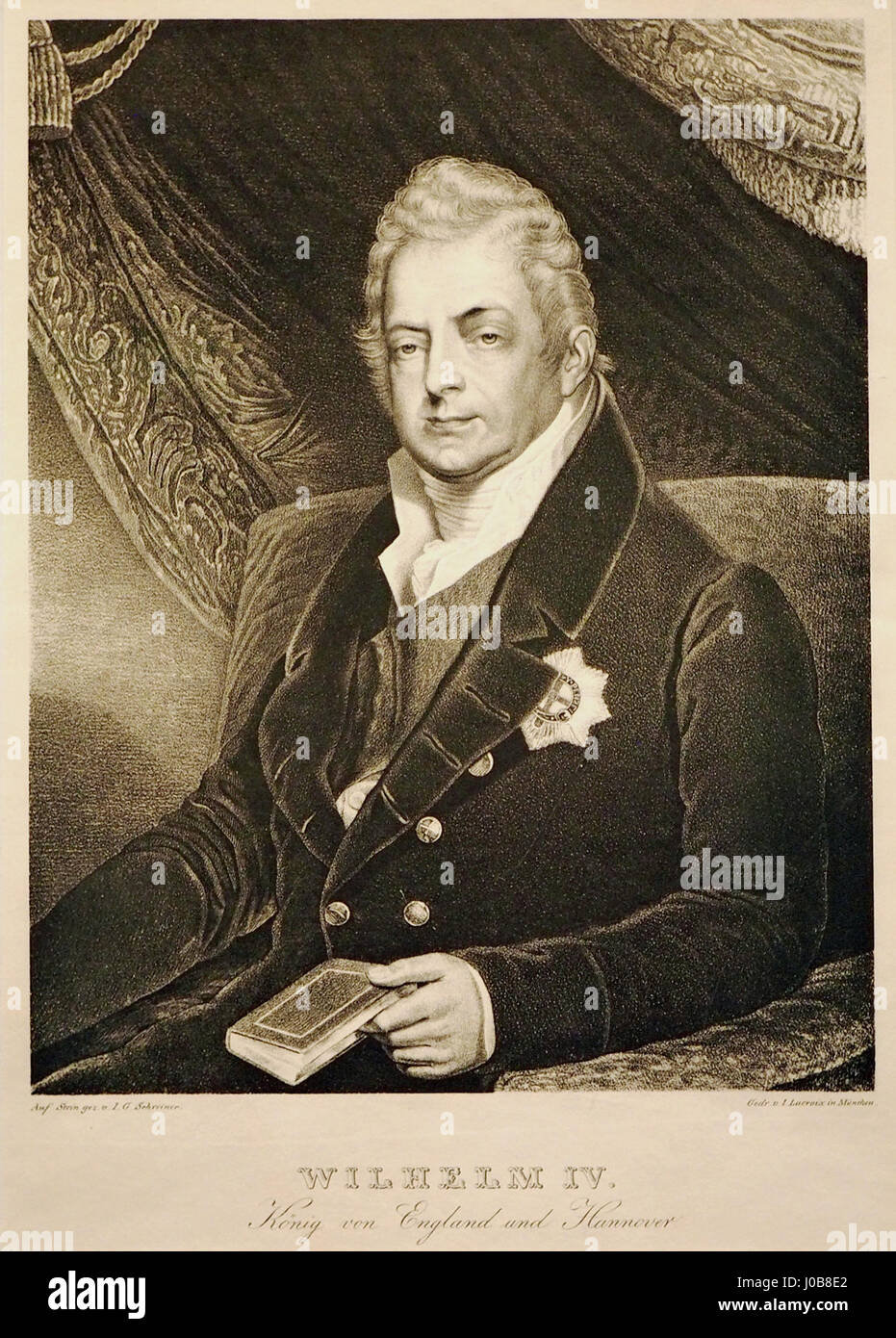 Dieses Bild zeigt ein Porträt von Wilhelm IV., König der deutsch-dänischen Region, ausgestellt im Bomann Museum. Das Kunstwerk fängt den König in seiner königlichen Kleidung ein und unterstreicht seine historische Bedeutung. Stockfoto