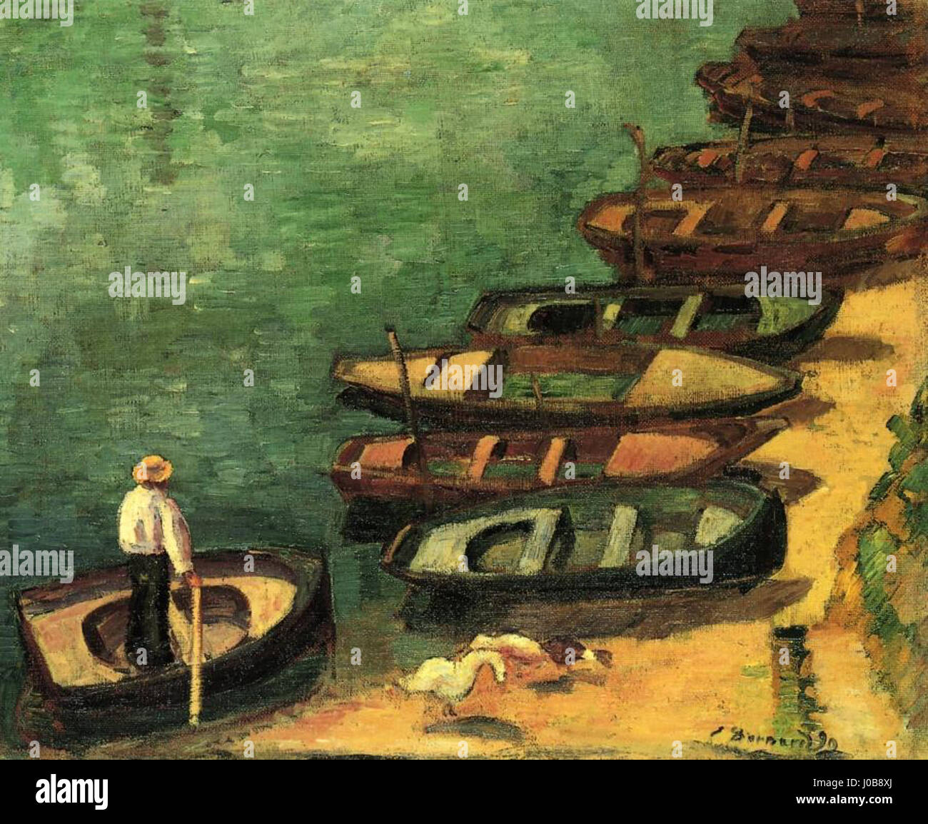 Emile Bernards Barques … Pont-Aven’ von 1890 ist ein Werk, das seine Verbindung zur Pont-Aven School widerspiegelt, einer Gruppe von Künstlern, die den Post-Impressionismus befürworteten und von Gauguins Stil beeinflusst wurden. Das Gemälde zeigt Boote auf einem Fluss, die die Atmosphäre des Ortes einfangen. Stockfoto