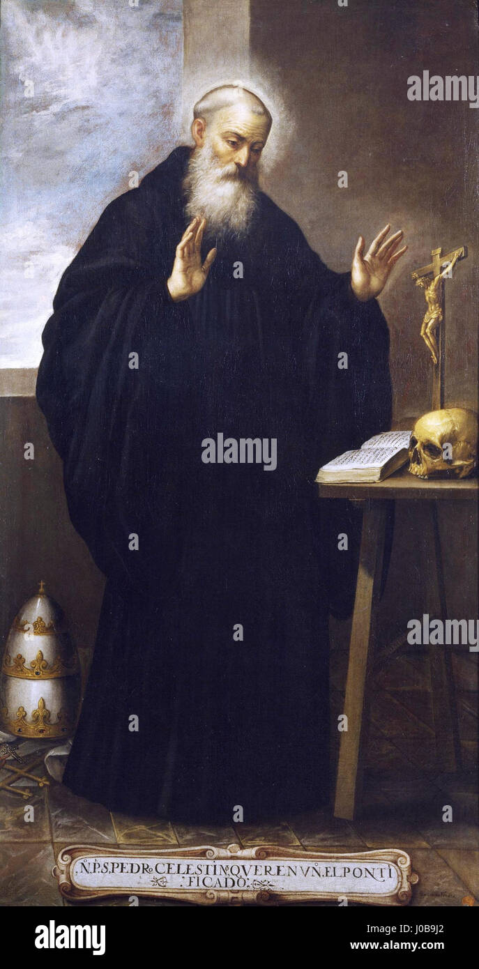 „San Pedro Celestino, Papa“ von Bartolomé Román ist ein Porträt von Papst Coelestin V., das Ende des 16. Jahrhunderts gemalt wurde. Das Kunstwerk ist im Museo del Prado in Spanien untergebracht und spiegelt sowohl die religiösen Themen als auch die Meisterschaft des Künstlers in der Porträtkunst wider. Stockfoto