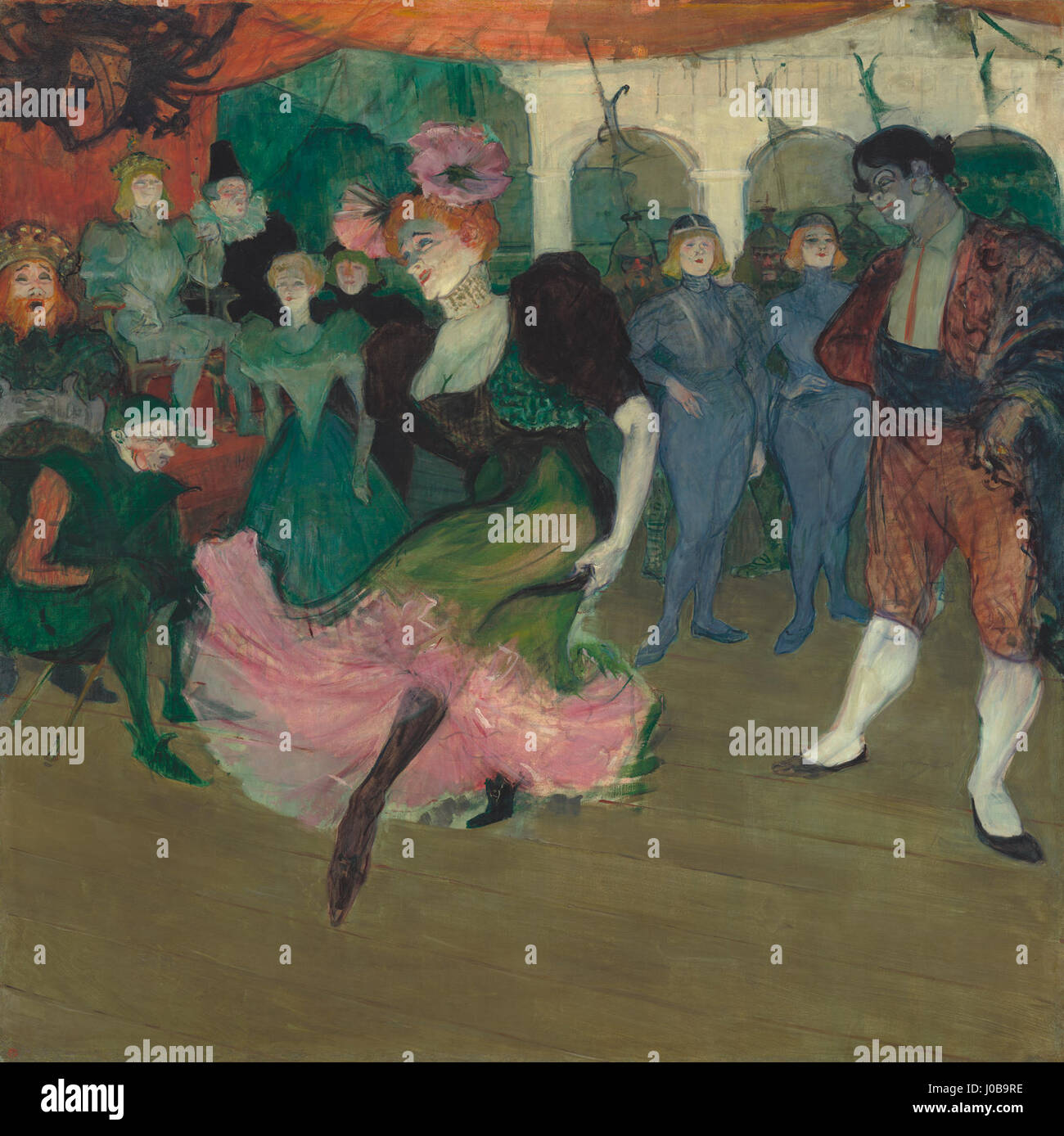 Dieses Kunstwerk von Edgar Degas fängt Marcelle Lender ein, eine berühmte französische Tänzerin, die den Bolero in der Operette „Chilpéric“ aufführt. Die Szene zeigt ihre anmutigen Bewegungen und ihre lebendige Bühnenpräsenz, die die dynamische Energie des französischen Theaters aus dem 19. Jahrhundert widerspiegelt und die Verwendung von Licht und Farbe, um das Drama der Performance zu verstärken. Stockfoto
