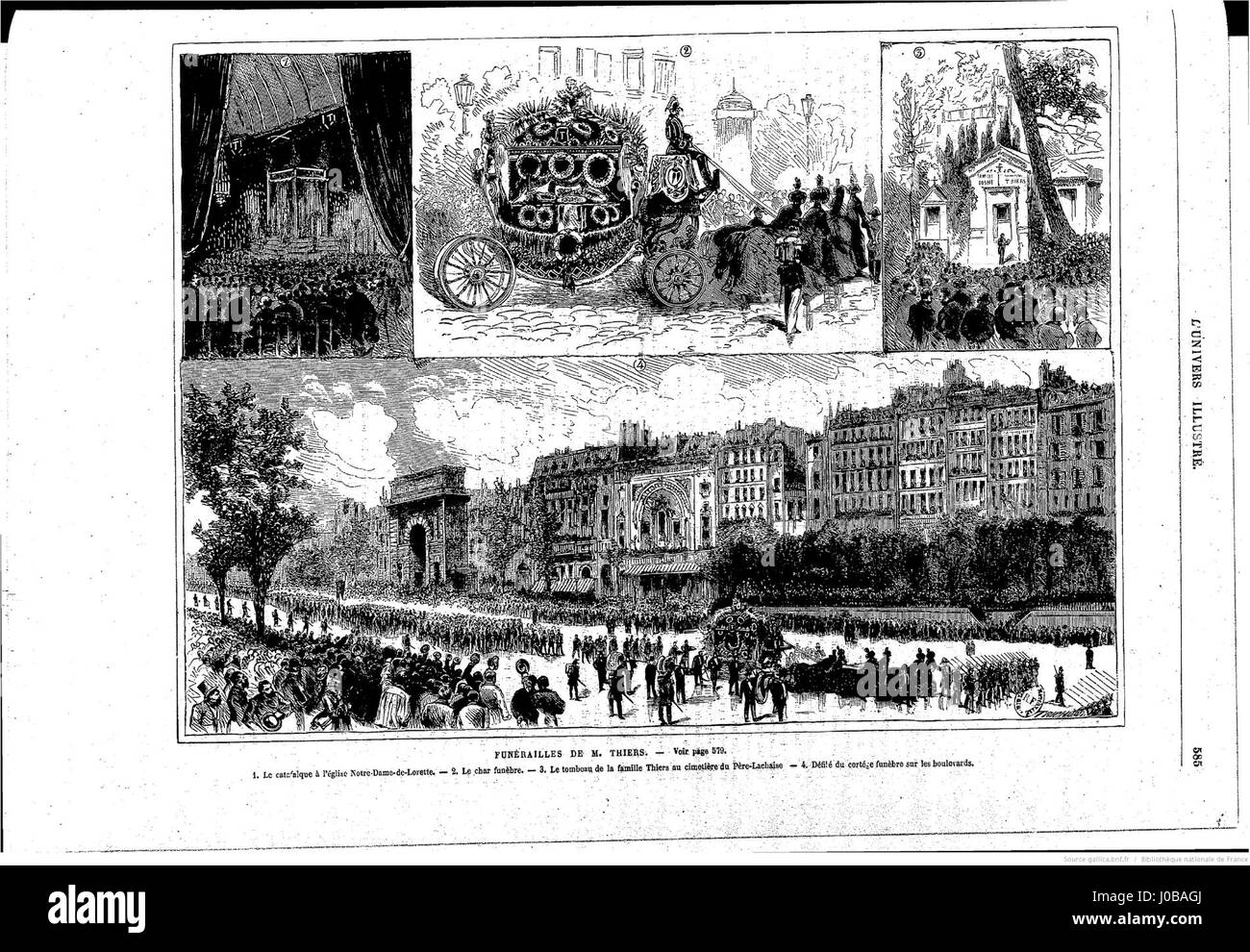 L'Univers Illustré zeigt eine detaillierte Darstellung der Beerdigung von Adolphe Thiers, dem ehemaligen Präsidenten Frankreichs. Das Bild fängt die feierliche Zeremonie ein und zeigt die öffentliche Trauer und den historischen Kontext rund um seinen Tod im Jahr 1877. Stockfoto