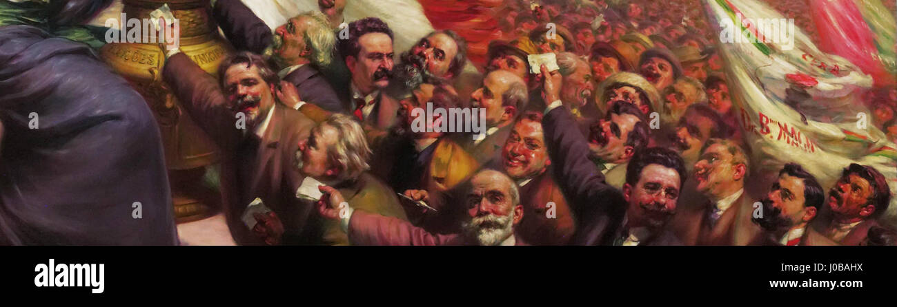 Dieses Detail aus „O Sufrágio“ von Veloso Salgado zeigt eine zielgerichtete Darstellung des Wahlprozesses und spiegelt Themen der Demokratie und des politischen Engagements in Brasilien während des frühen 20. Jahrhunderts wider. Stockfoto