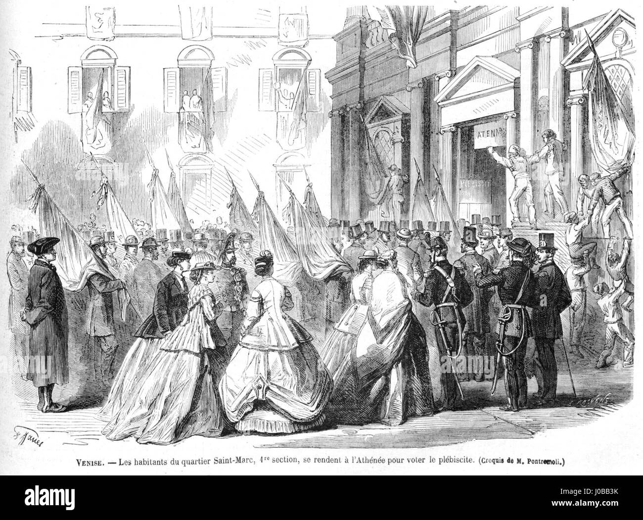 Diese Illustration aus „Le Monde Illustré“ aus dem Jahr 1866 zeigt die Wahl in Venedig und spiegelt die politische Atmosphäre und das bürgerliche Engagement während dieser Zeit wider. Sie bietet einen Einblick in die Wahlprozesse des 19. Jahrhunderts in Italien. Stockfoto