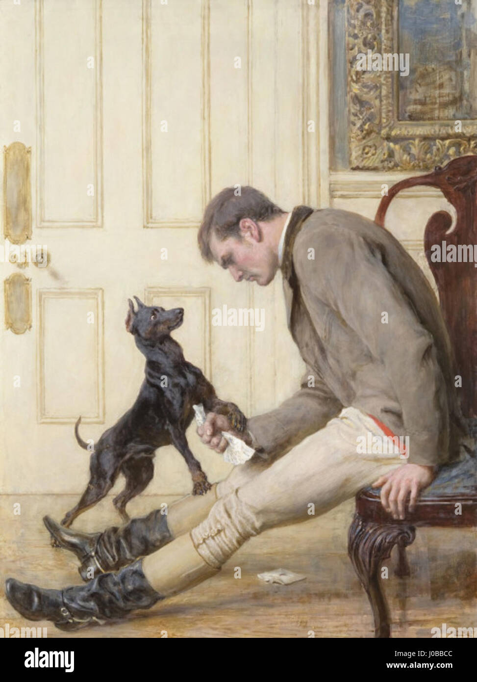 Das Kunstwerk mit dem Titel „der Brief“ von RiviŠre zeigt eine Frau, die einen Brief liest, wahrscheinlich in einem häuslichen Umfeld, mit einem Ausdruck, der einen Moment der Reflexion oder Überraschung vermittelt. Der Künstler fängt eine ruhige, intime Szene mit einem Fokus auf Licht und Detail ein. Die Kleidung der Figur und die Inszenierung deuten auf einen europäischen Kontext des 19. Jahrhunderts hin. Stockfoto