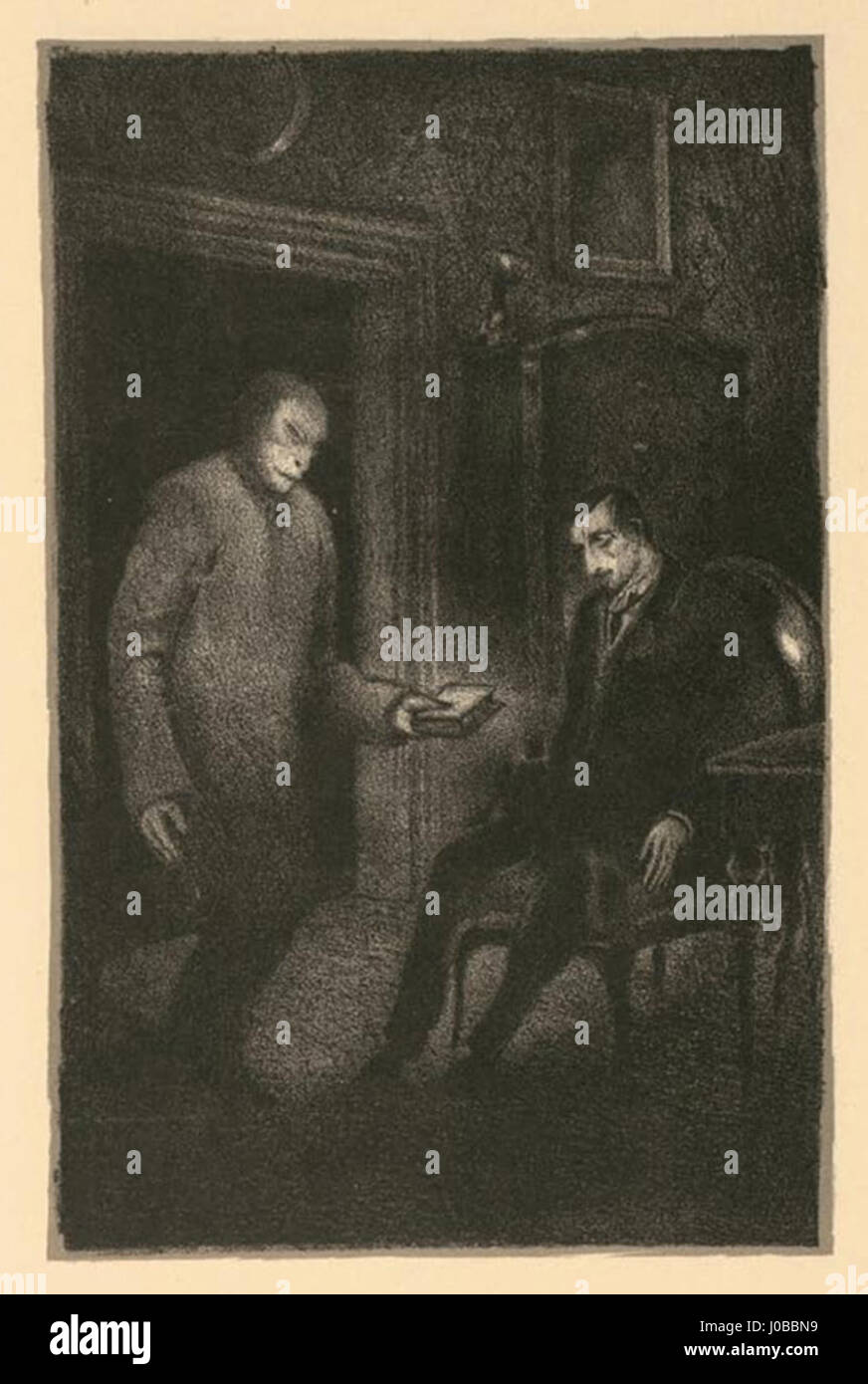 Hugo Steiner-Prags Illustration auf Seite 7 von „der Golem“ zeigt eine Szene aus dem „Buch Ibbur“ und zeigt seinen illustrativen Stil. Stockfoto