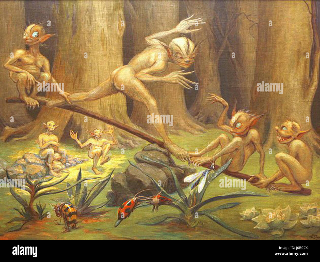 „Podivné bytosti“ (seltsame Kreaturen) von Alois Boháč ist ein surrealistisches Gemälde, das eine Reihe ungewöhnlicher und fantasievoller Kreaturen darstellt. Das Werk spiegelt Boháč Erforschung der bizarren und fantastischen Elemente der Kunst wider. Stockfoto