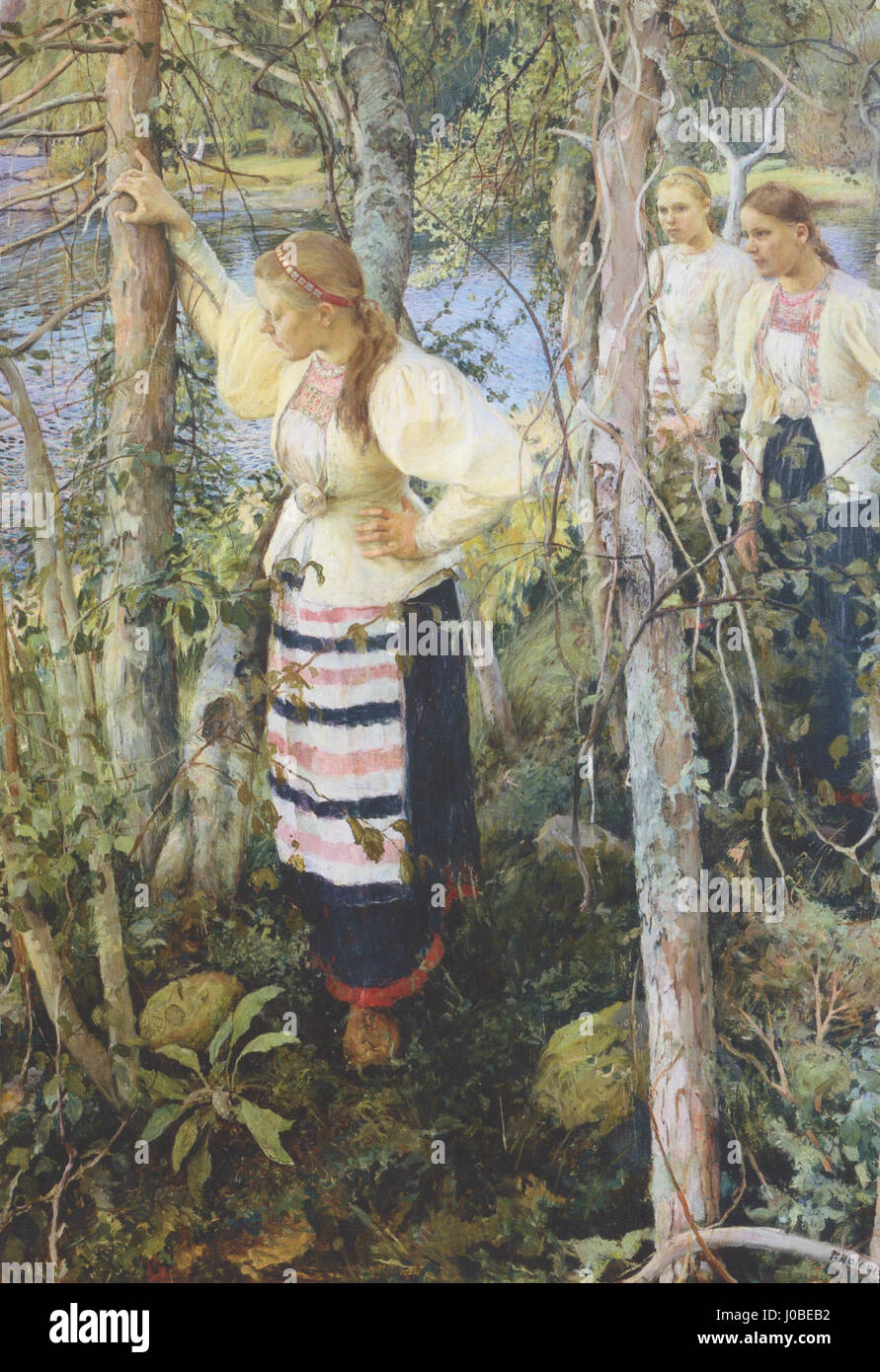 „Neiet niemien nenissä“ (1895) von Pekka Halonen zeigt junge Frauen in einer finnischen Landschaft und zeigt die Schönheit der natürlichen Umgebung. Das Werk spiegelt Halonens Fokus auf Licht, Farbe und Natur wider und stellt die Verbindung zwischen Menschen und ihrer Umgebung dar. Stockfoto