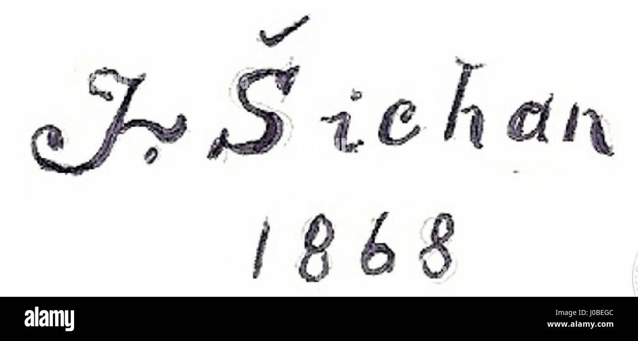 Dieses Werk des tschechischen Künstlers Josef Ladislav Sichan weist eine einzigartige Signatur auf, die den persönlichen Stil und die Verbindung des Künstlers zu seinem Werk unterstreicht. Sichan war bekannt für seine Beiträge zur tschechischen Kunst und seine detaillierten Darstellungen des Alltags. Stockfoto