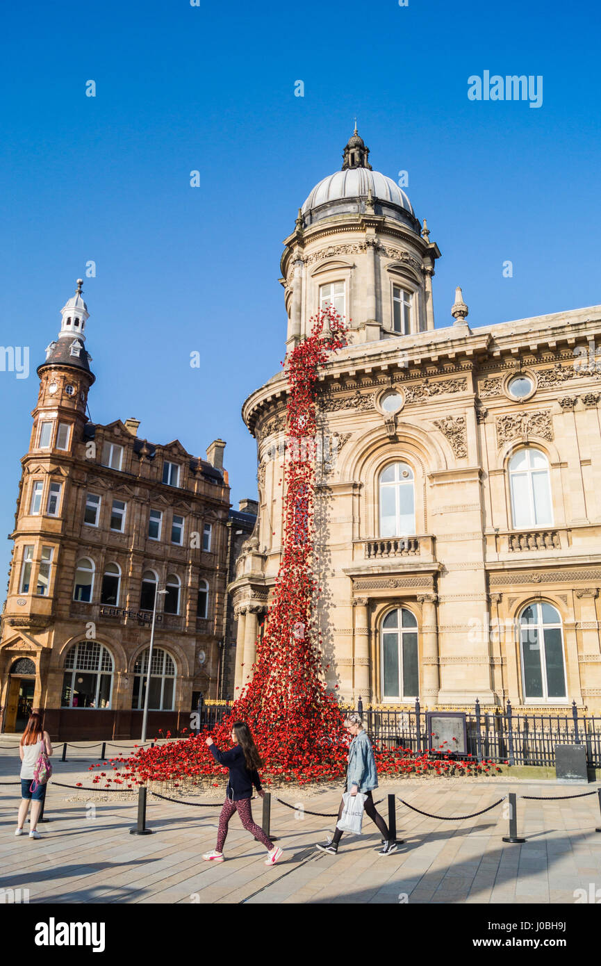 "Weinende Fenster" Mohn Kunstinstallation durch Paul Cummins und Tim Piper für Maritime Museum, Kingston-upon-Hull, Stadt der Kultur 2017, Yorkshire England Stockfoto
