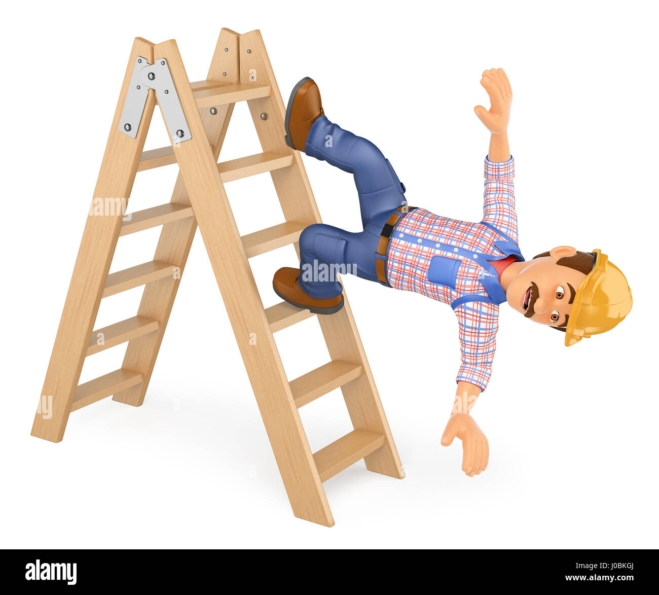 arbeitenden Menschen 3D-Illustration. Elektriker, Sturz von einer Leiter. Arbeitsunfall. Isolierten weißen Hintergrund. Stockfoto