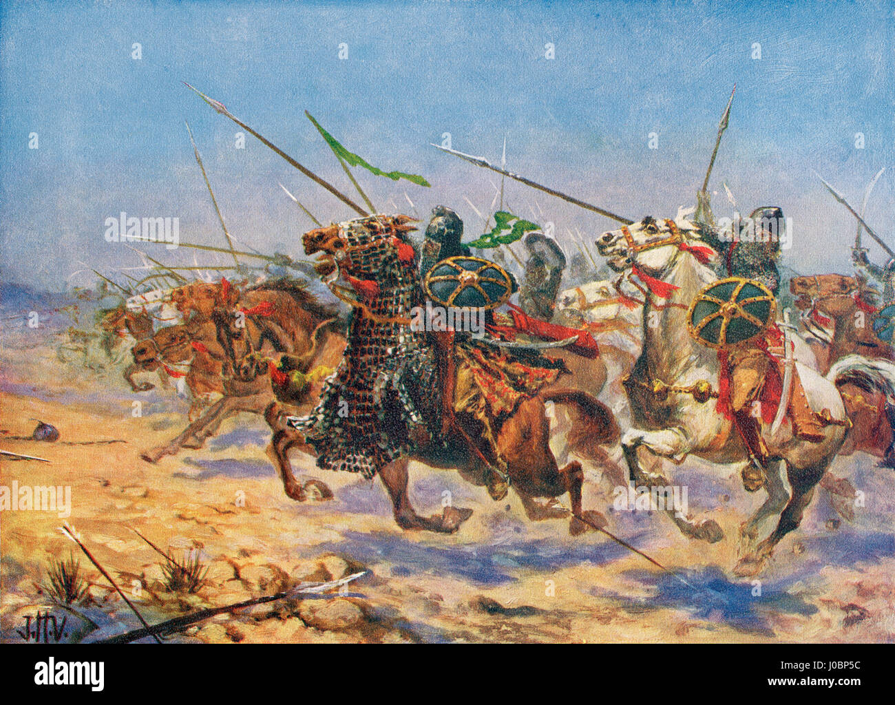 Die Aufladung der Shahrbaraz der Kavallerie im 7. Jahrhundert. Oder Shahrvaraz Shahrbaraz, 9. Juni 630 starb. König des sassanidischen Reiches. Nach dem Gemälde von J.H. Valda, d. 1941). Von Hutchinson's Geschichte der Nationen, veröffentlicht 1915. Stockfoto