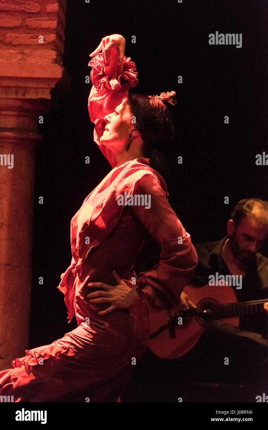 Eine abendliche Flamenco-Vorstellung im Museo del Baile Flamenco in der Altstadt von Sevilla, Spanien. Das Museo del Baile Flamenco bietet seinen Besuchern Stockfoto