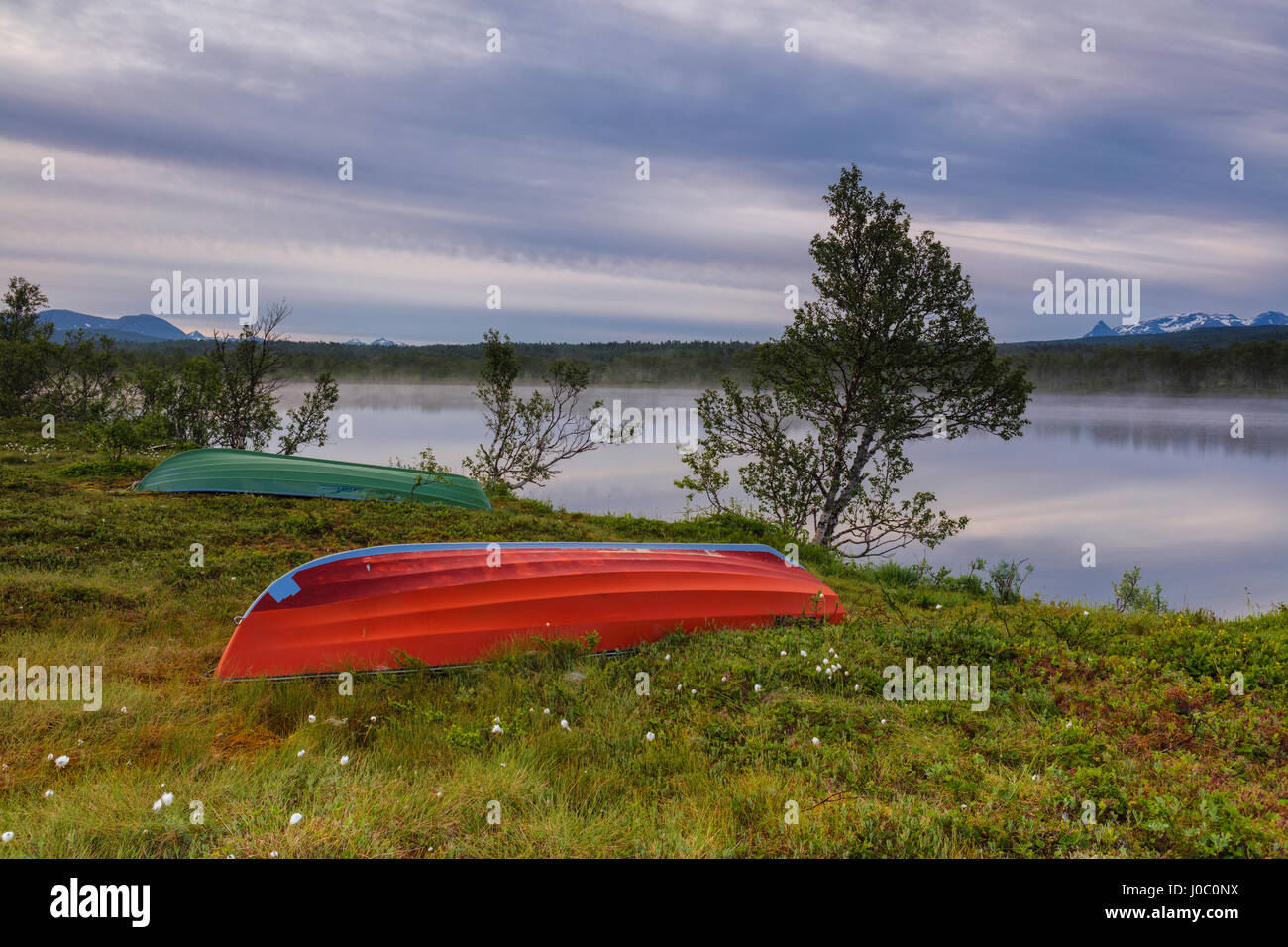 Boote auf der grünen Wiese umrahmen das ruhige Wasser in der Nacht, Bogen, Evenes, Ofotfjord, Nordland, Norwegen, Skandinavien Stockfoto