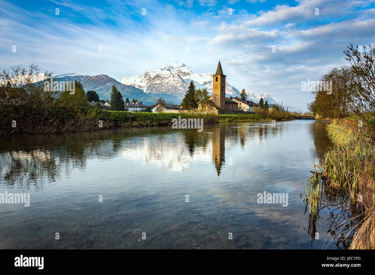 Die Kirche von Sils-Baselgia im Unterengadin, Schweiz Stockfoto