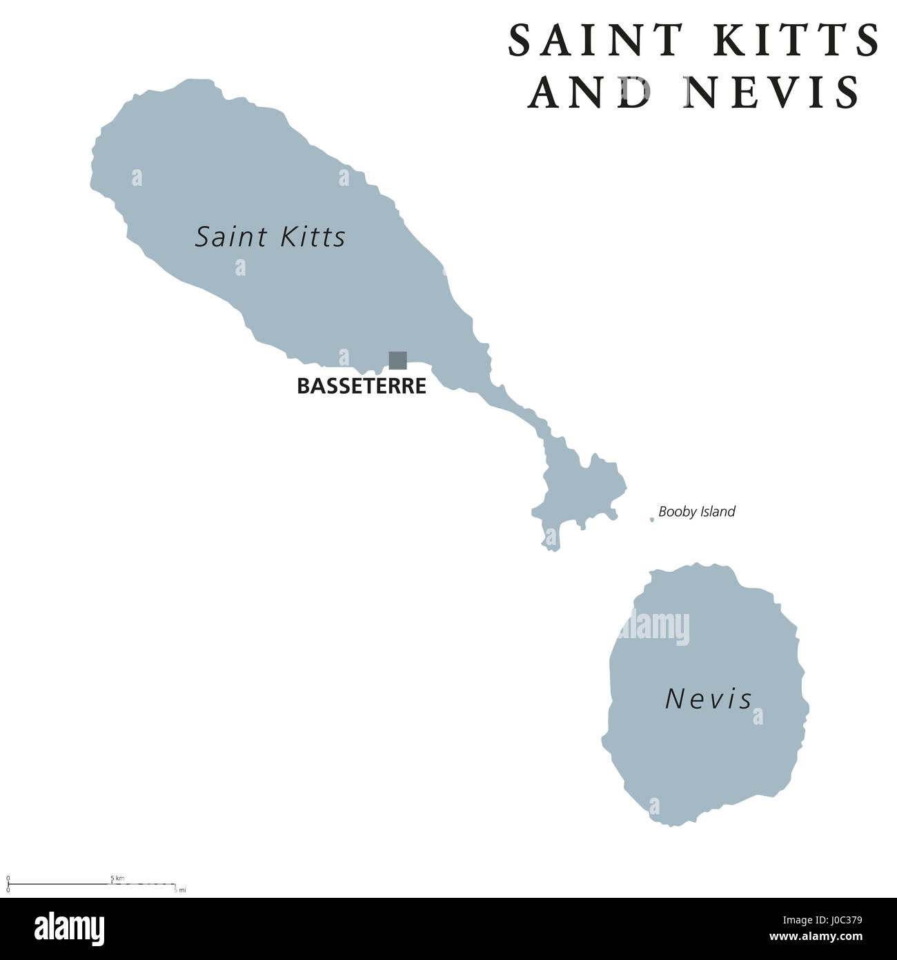 St. Kitts und Nevis politische Karte mit Hauptstadt Basseterre. Föderation Saint Christopher und Nevis. Zwei-Insel-Karibikstaat. Stockfoto