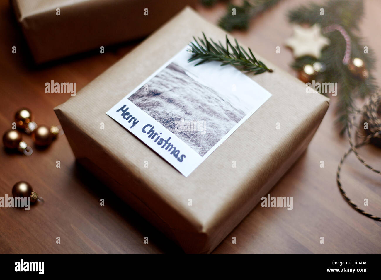 Geschenk in Packpapier eingewickelt und dekoriert mit Farn und Hinweis lesen Frohe Weihnachten Stockfoto