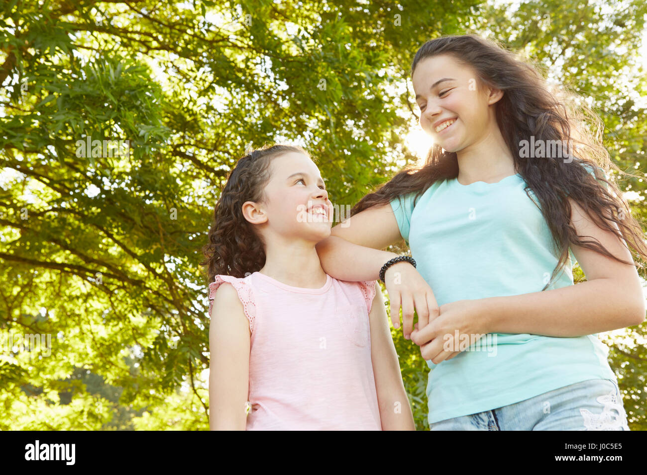 Mädchen und große Schwester sahen einander im park Stockfoto