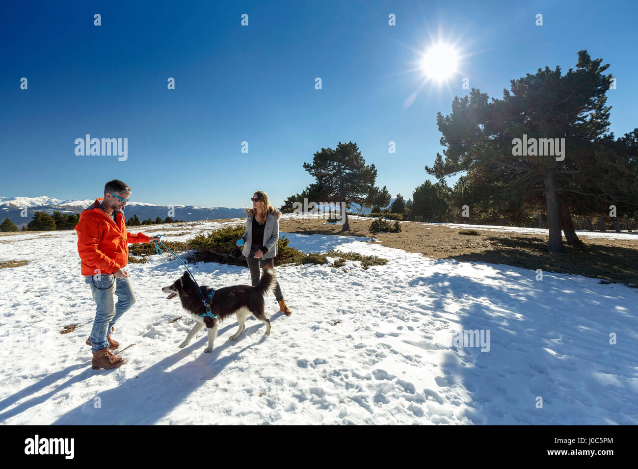 Paar mit Hund in verschneite Landschaft Stockfoto