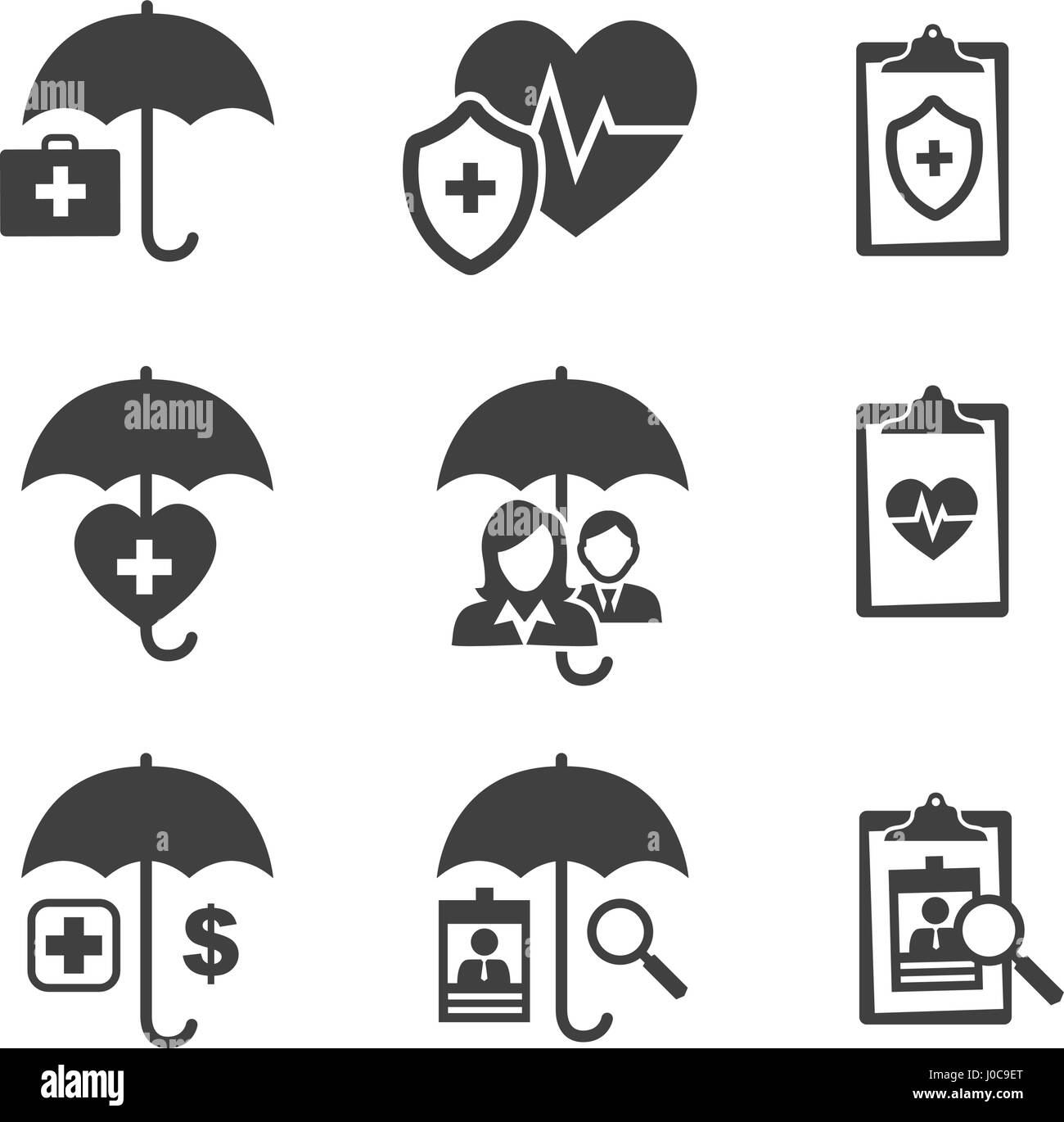 Medizinische medizinische Versicherung Symbole mit Menschen Figuren und Herzen, EKG & Versicherten Symbole Stock Vektor