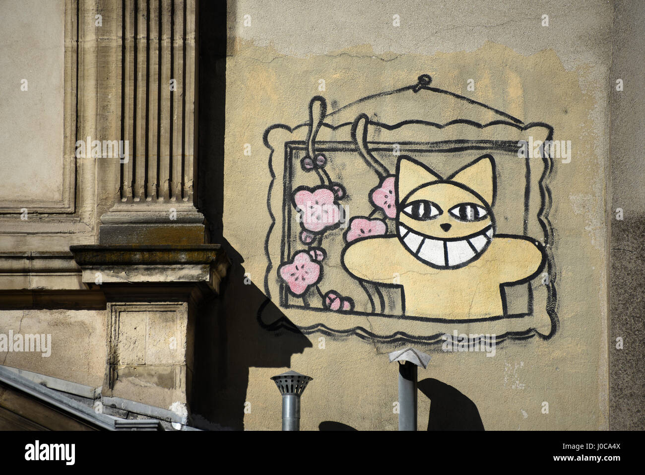 M. Chat Graffiti von Thoma Vuille, rue Bonaparte, Ecole des Beaux-Arts, auf alten Paris Dächer und Schornstein, Paris, Frankreich, Europa Stockfoto