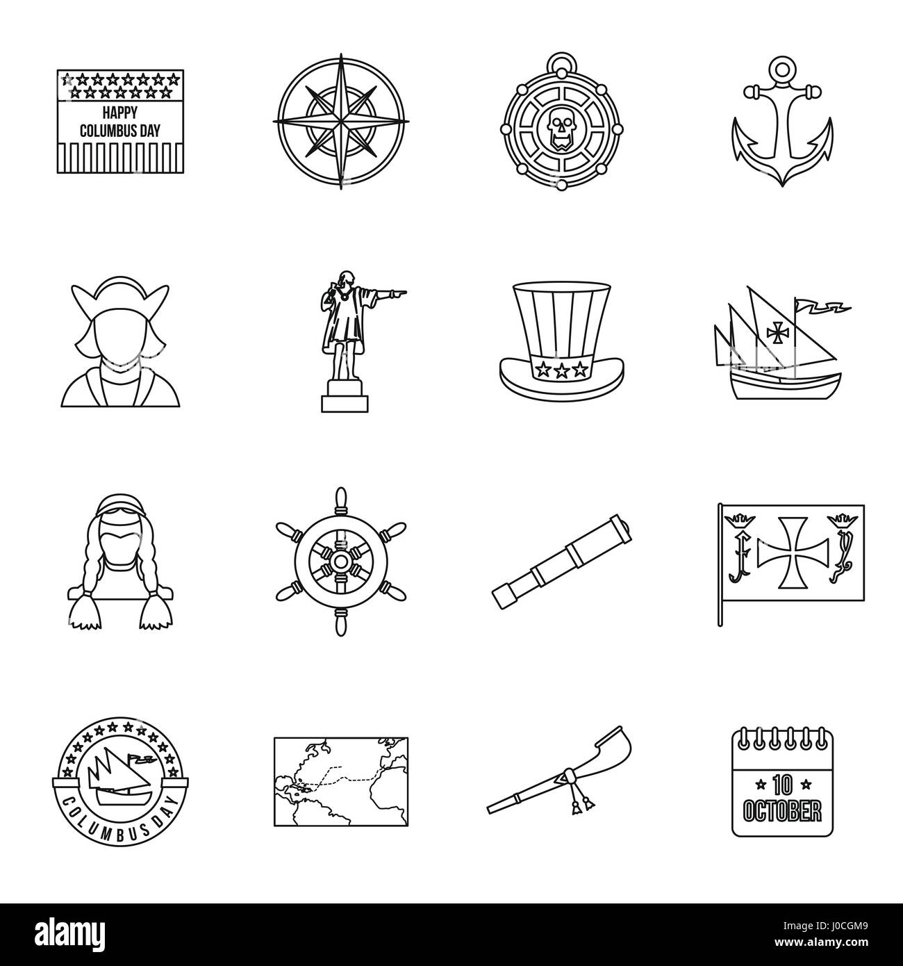 Columbus Day Icons Set, Umriss-Stil Stock Vektor