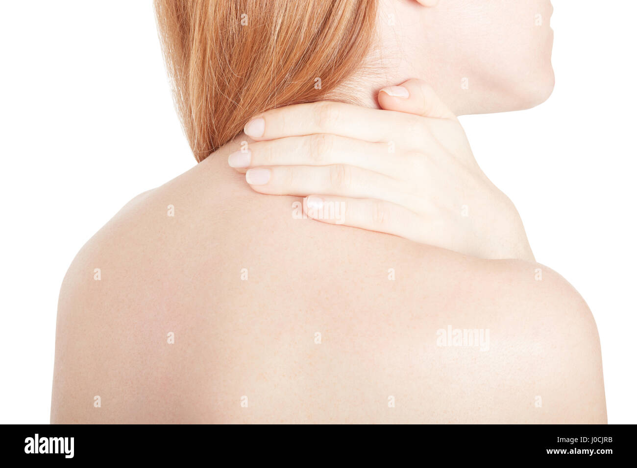 Junge Frau mit Nackenschmerzen, isoliert auf weiss, Schneidepfad Stockfoto