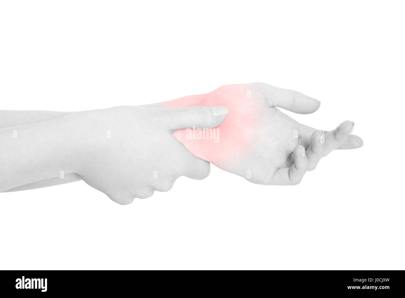 Junge Frau mit Karpaltunnel-Syndrom, roten Handgelenk Schmerzen isoliert auf weiss, Clipping-Pfad Stockfoto