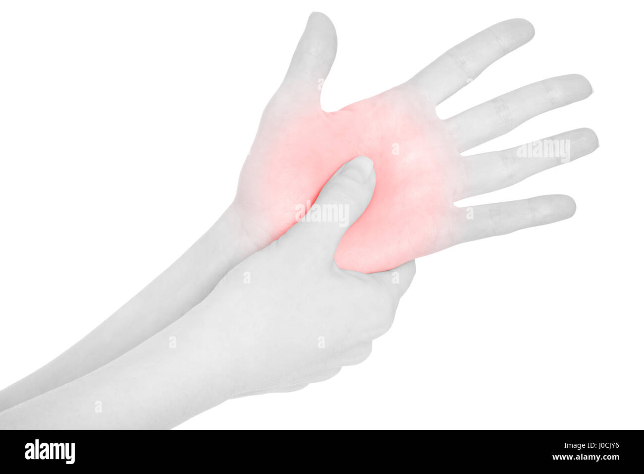 Frau Hand berühren die rote schmerzhafte Handflächenbereich isoliert auf weißem, Clipping-Pfad Stockfoto