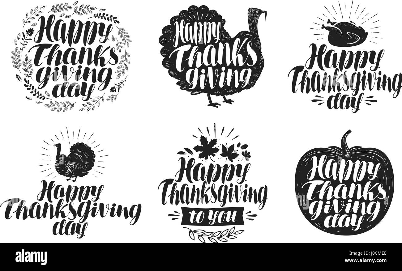 Happy Thanksgiving, Beschriftungssatz. Urlaub-Icons oder Symbole. Schriftzug, Vektor-illustration Stock Vektor