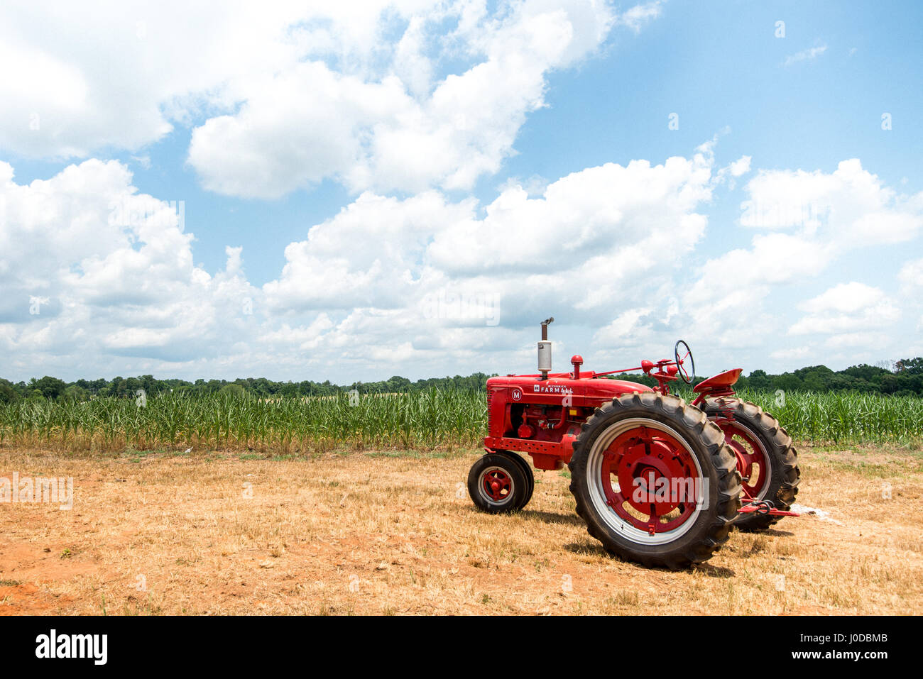 Ein roter McCormick Farmhall Traktor vor einem Feld in North Carolina während der Sommermonate. Stockfoto