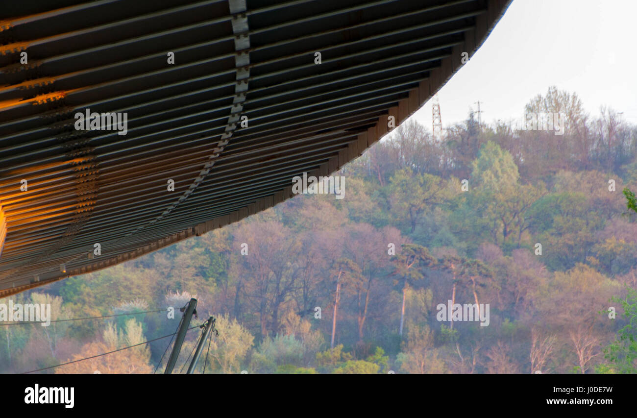Bestandteil der Metallbrücke und Park im Hintergrund. Stockfoto