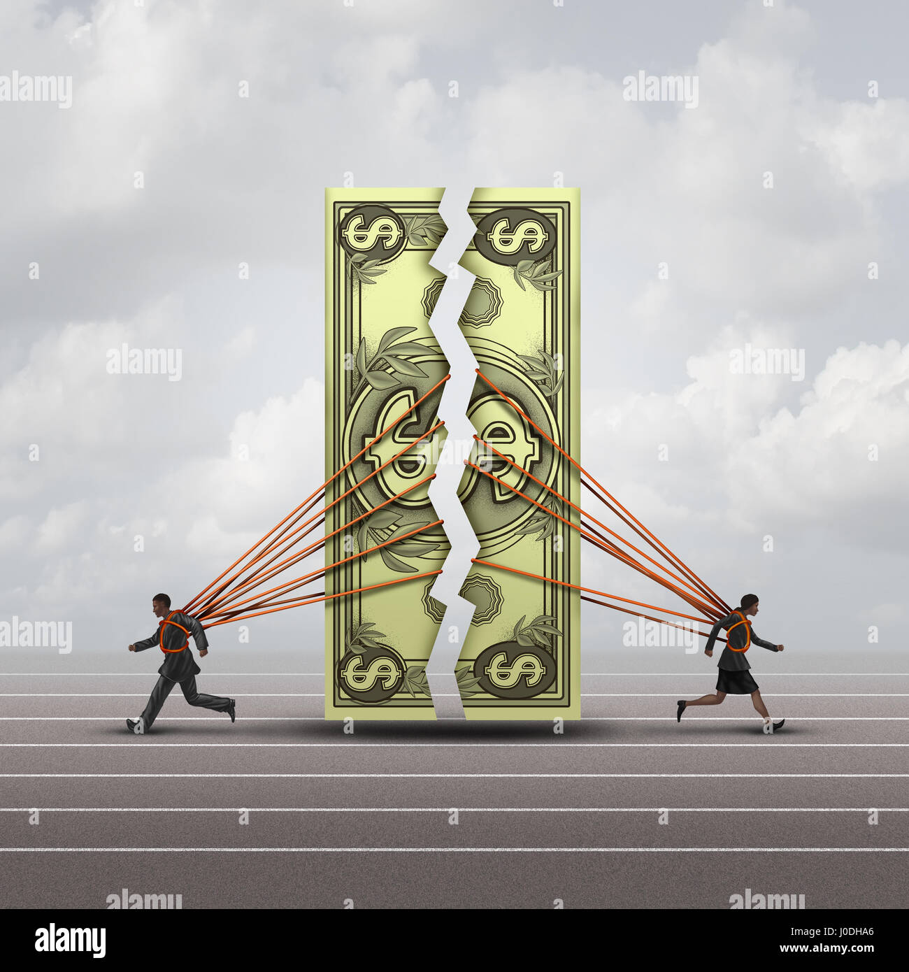 Lohngleichheit Konzept und Geschlecht Lohn Lücke Symbol als Mann und Frau einen generischen Dollar als Entschädigung Metapher auseinanderziehen. Stockfoto