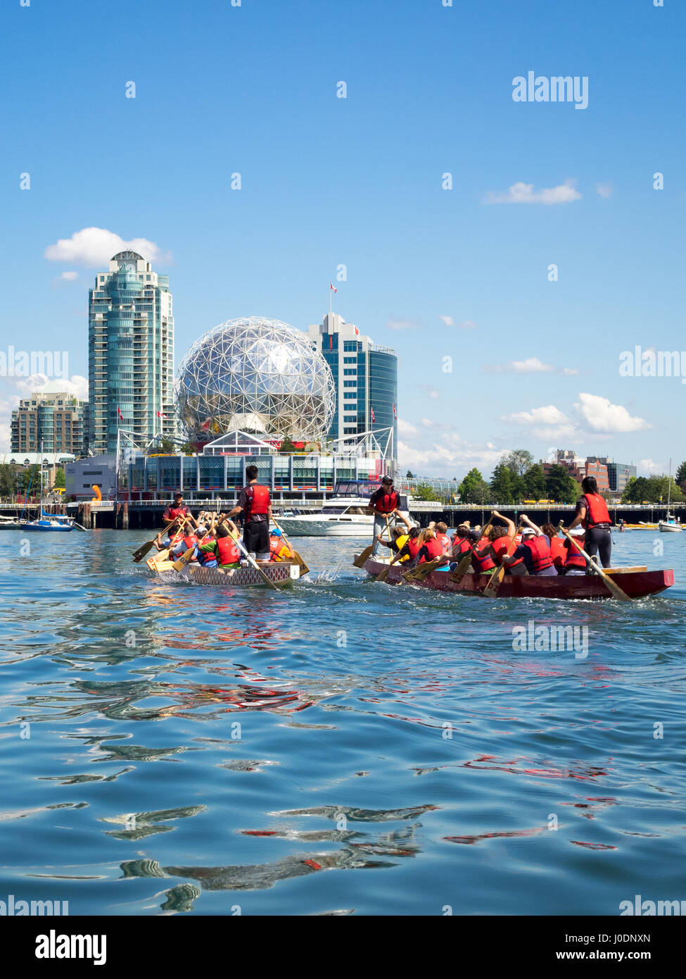 Drachenbootrennen am False Creek vor Science World bei Telus World of Science in Vancouver, British Columbia, Kanada. Stockfoto