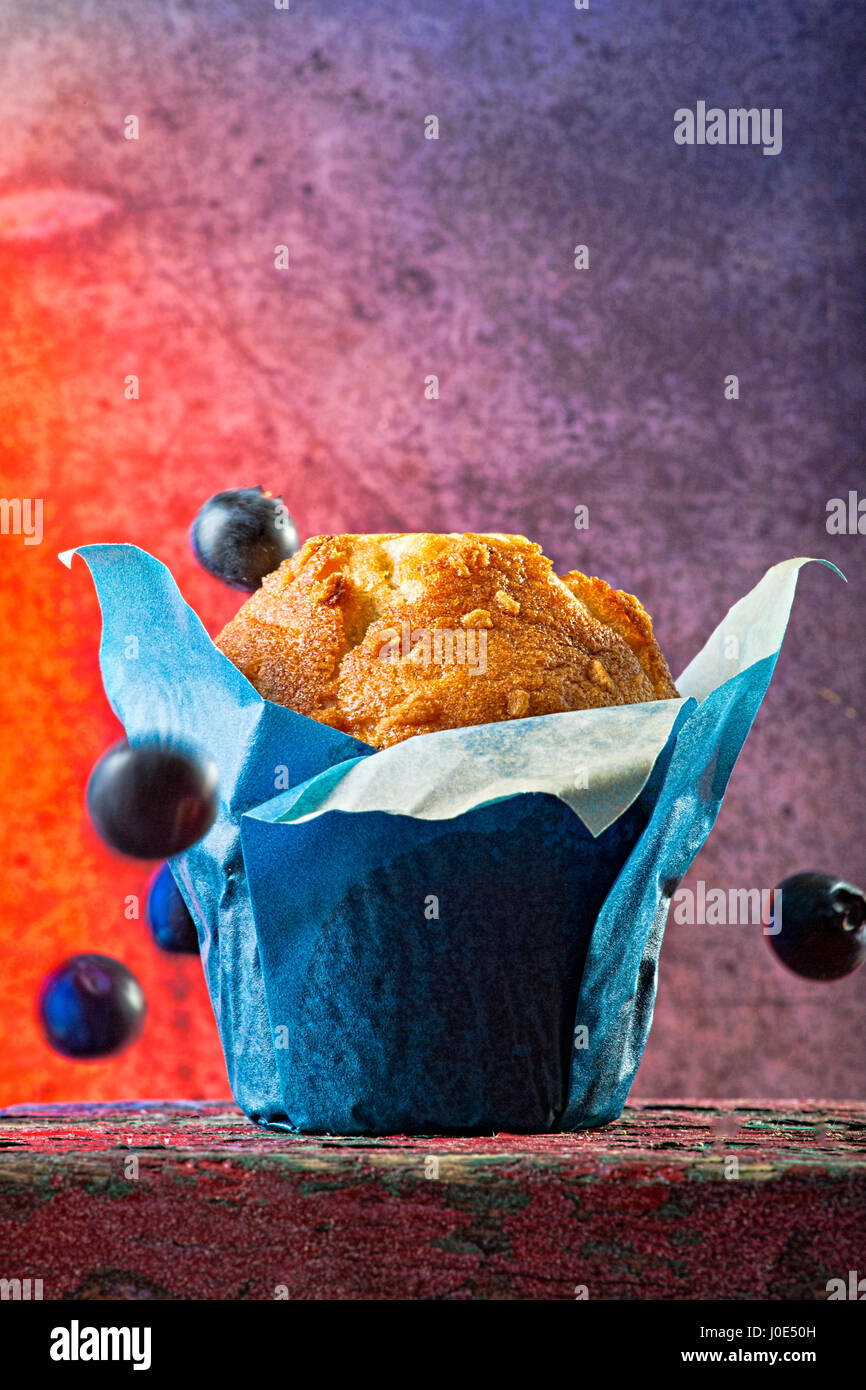 Blueberry Muffin mit fallenden Heidelbeeren Stockfoto