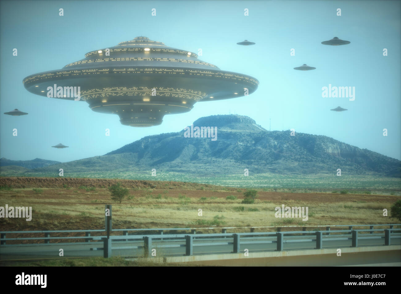 3D Darstellung mit der Fotografie. Alien-Invasion der Raumschiffe. Stockfoto