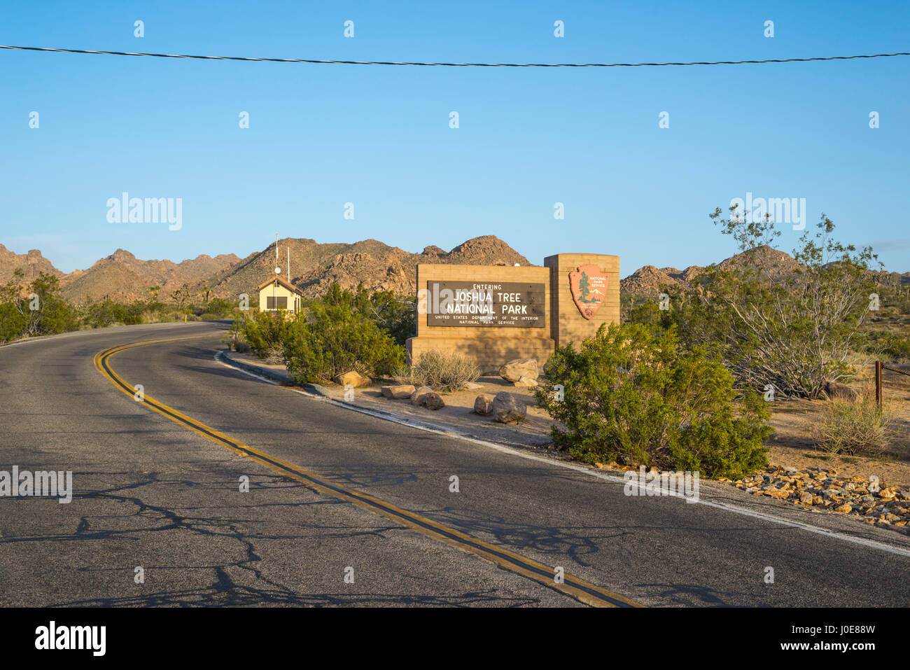 Eingangsschild in Joshua Tree Nationalpark, Kalifornien, USA. Stockfoto