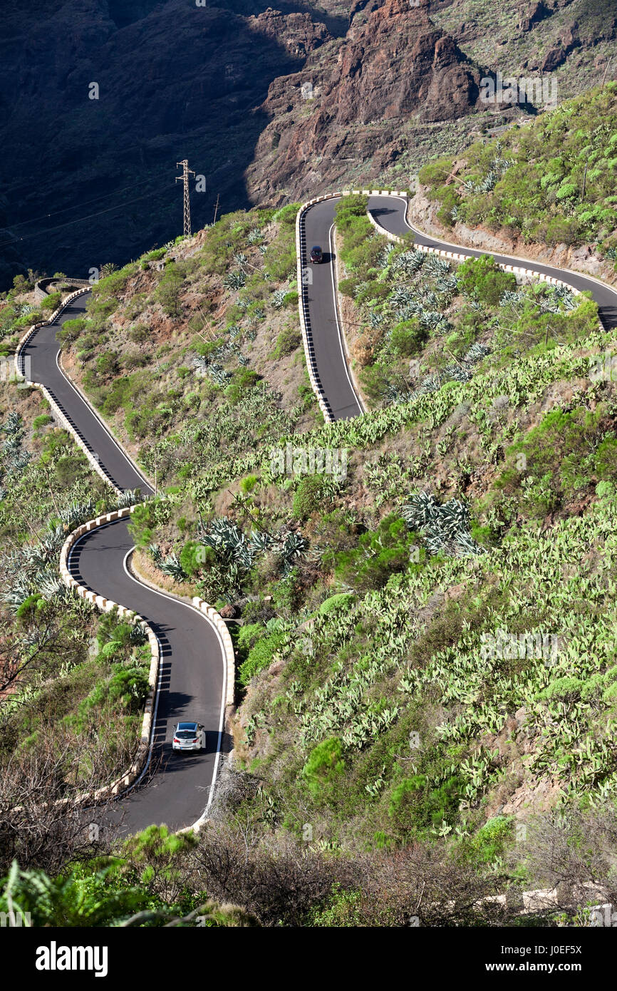 Straße TF-436 ist der einzige Weg zum Dorf Masca durch die Berge. Zick-Zack-Straße in den Macizo de Teno-Gebirge, Insel Teneriffa, Kanarische, Spanien Stockfoto