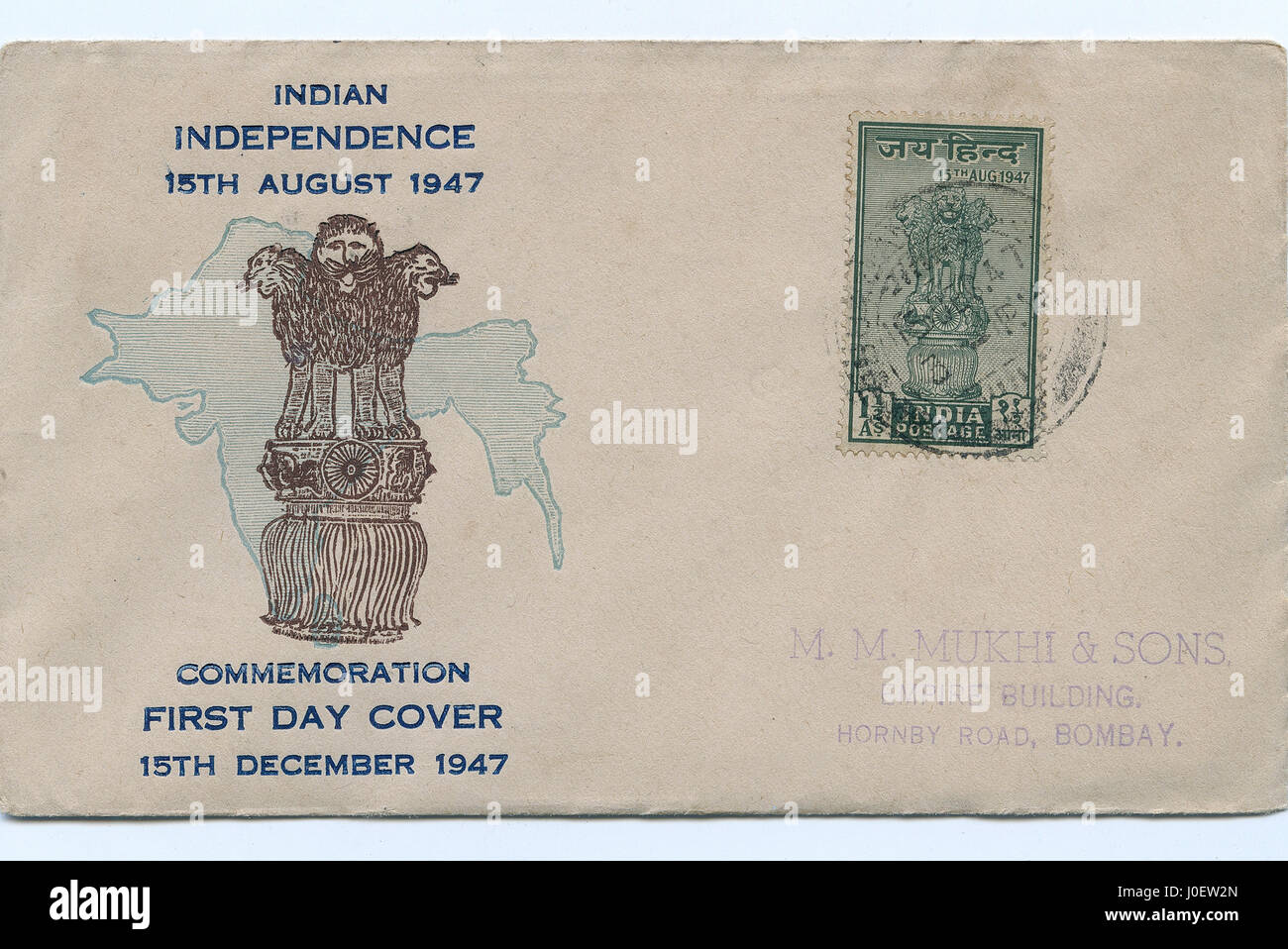 Ersten Tag decken der Unabhängigkeit 15. august 1947, Briefmarken, Indien, Asien Stockfoto