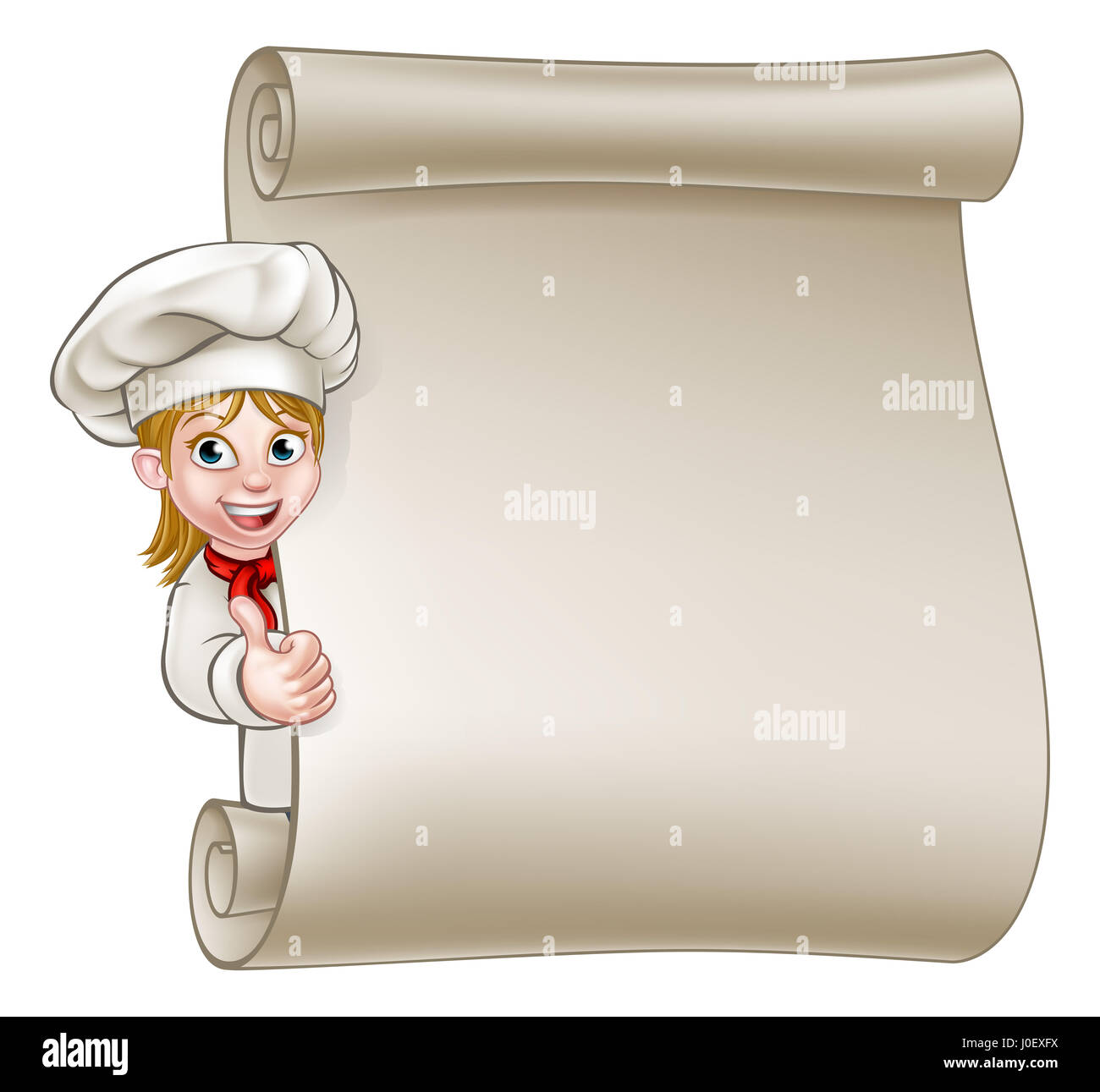 Comicfigur Frau Koch oder Bäcker Daumen aufgeben und spähen um Zeichen oder Scroll-Menü Stockfoto