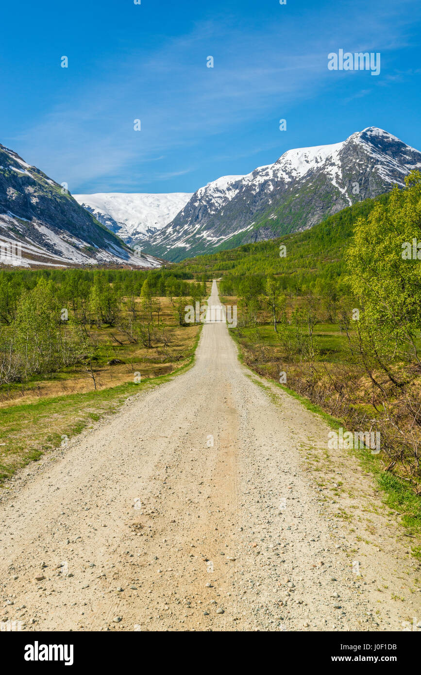 Ein lange, gerade, steinigen Weg führt den einsamen Reisenden, der Jostedalsbreen-Gletscher-Tal - Norwegen Stockfoto